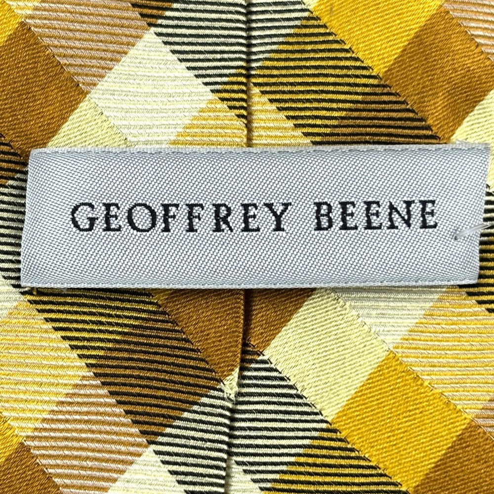 Geoffrey Beene Silk Tie Mens OS Yellow Brown Plaid Diagonal Check Preppy Retro - Picture 5 of 5